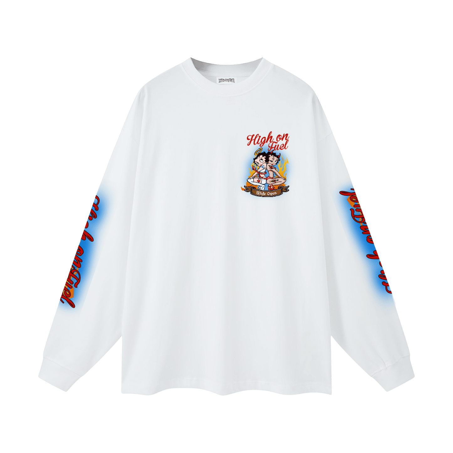 High on Fuel Wide Open Betty Boop Long Sleeve Shirt Font